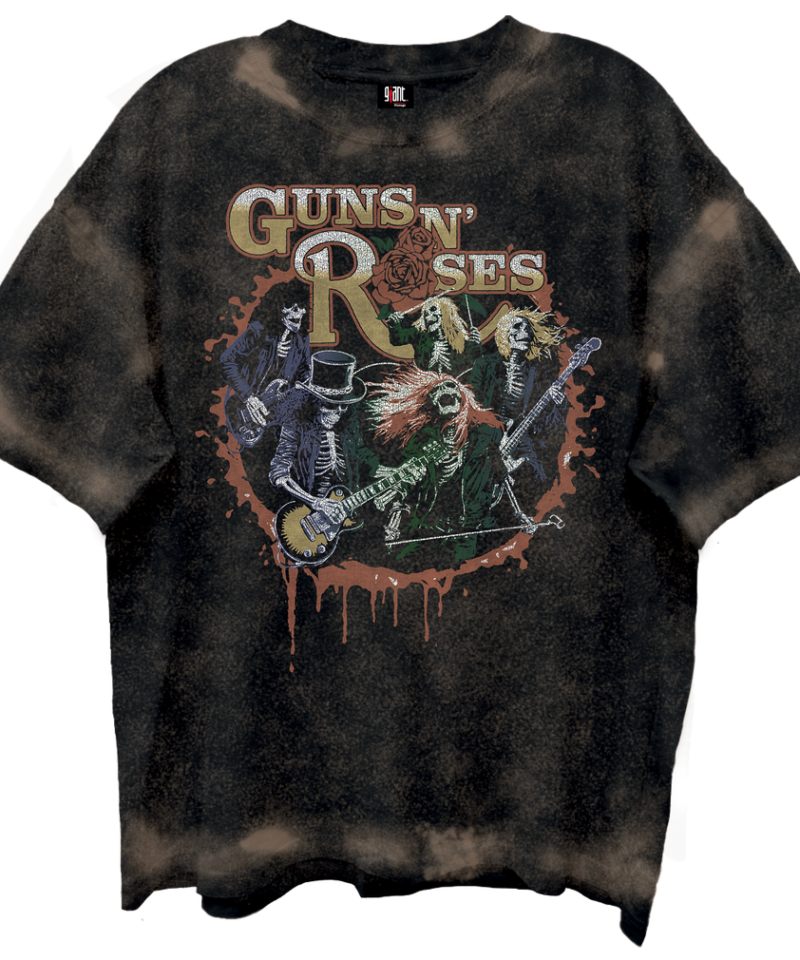 Giant Vintage Guns n Roses Skeltons Live 2-Sided Print Chocolate Spray Washed T-Shirt