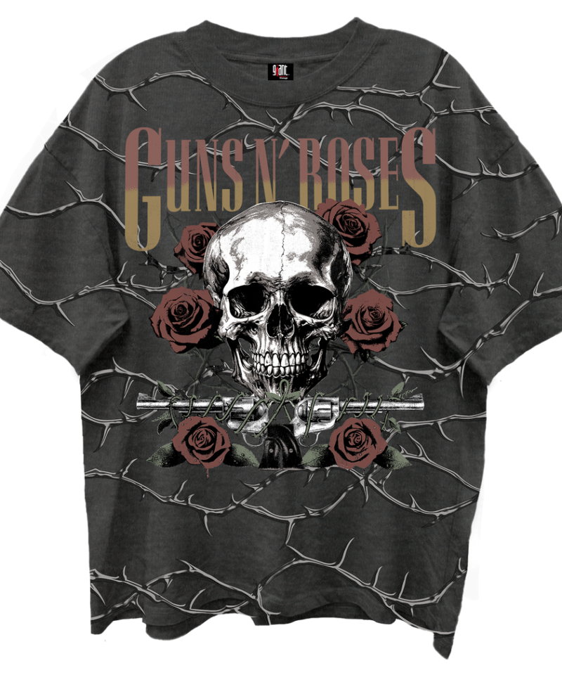 Giant Vintage Guns n Roses Skull Roses 2-Sided Print Vintage Black Enzyme Washed T-Shirt