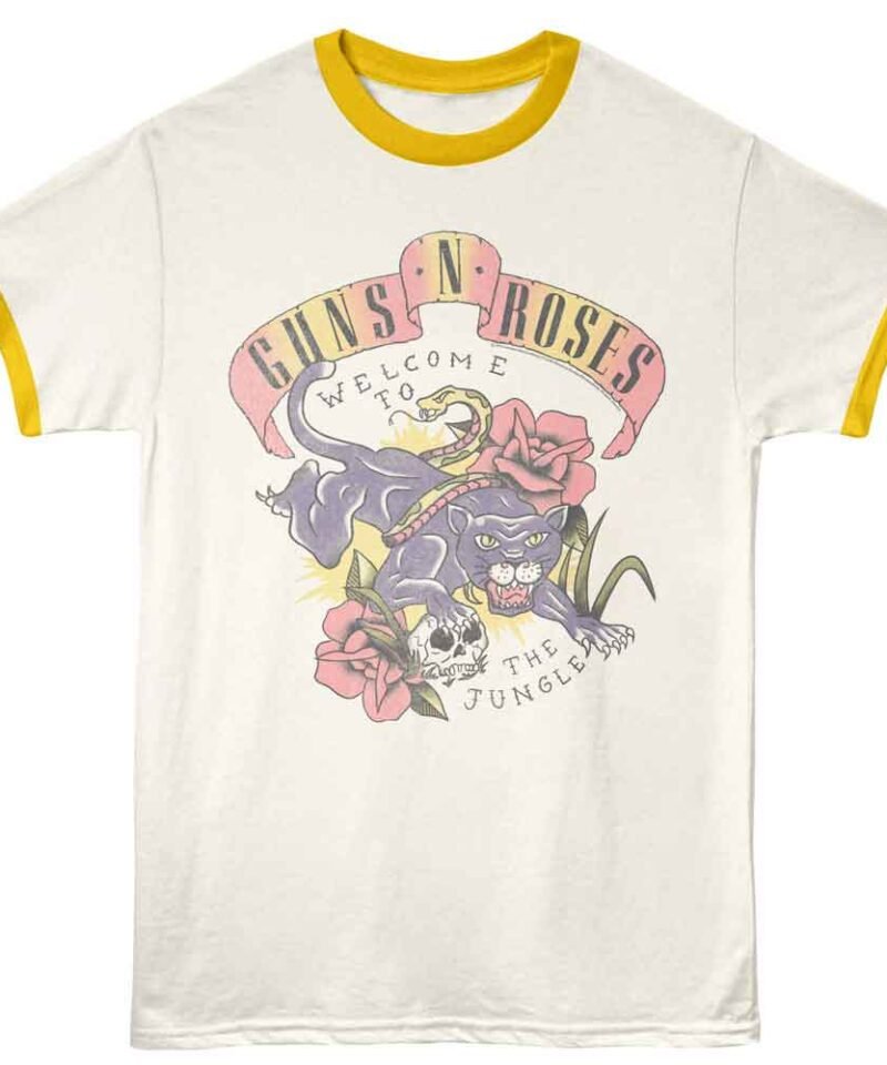 Guns n Roses Tattoo Style Jungle Vintage White Mellow Yellow Ringer T-Shirt