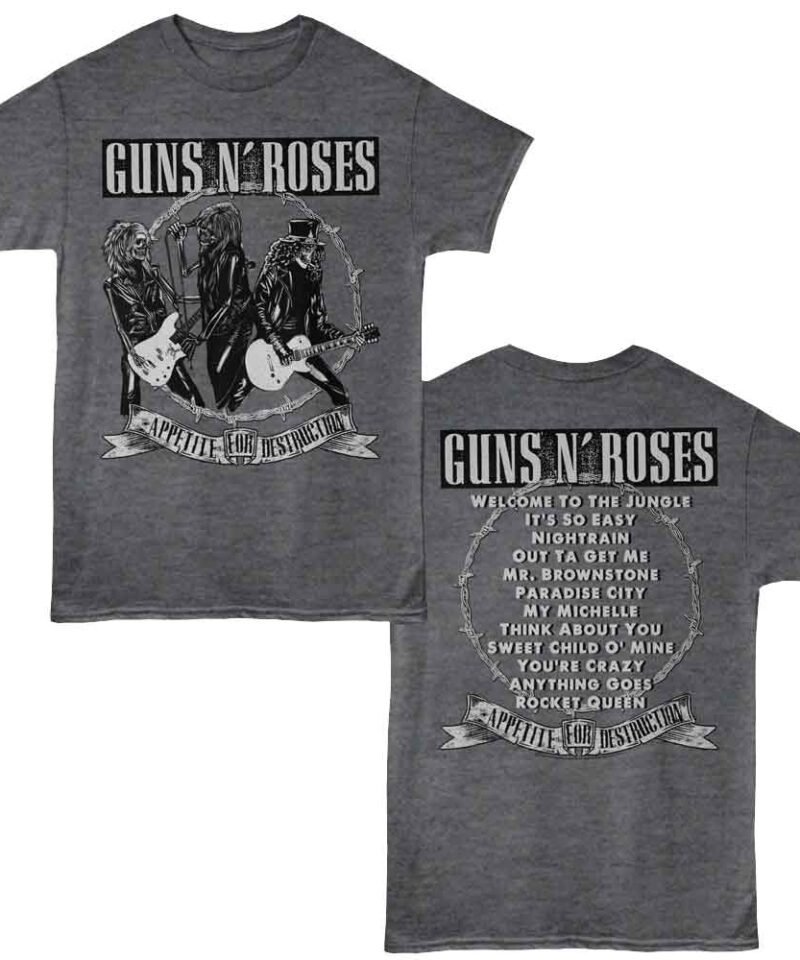Guns n Roses Appetite Songs Black Heather Front & Back Print T-Shirt