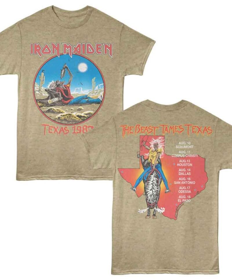 Iron Maiden Texas 1982 Khaki Heather Front & Back Print T-Shirt