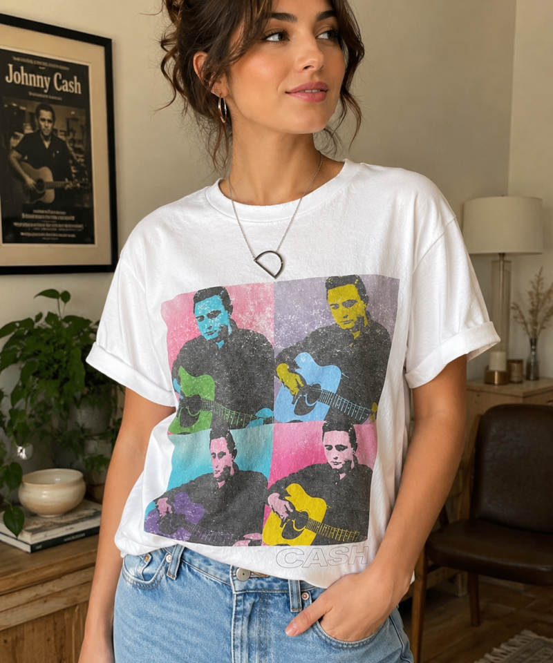 CASH Graphic T-Shirt worn by a model, front view showing the colorful musician graphic print