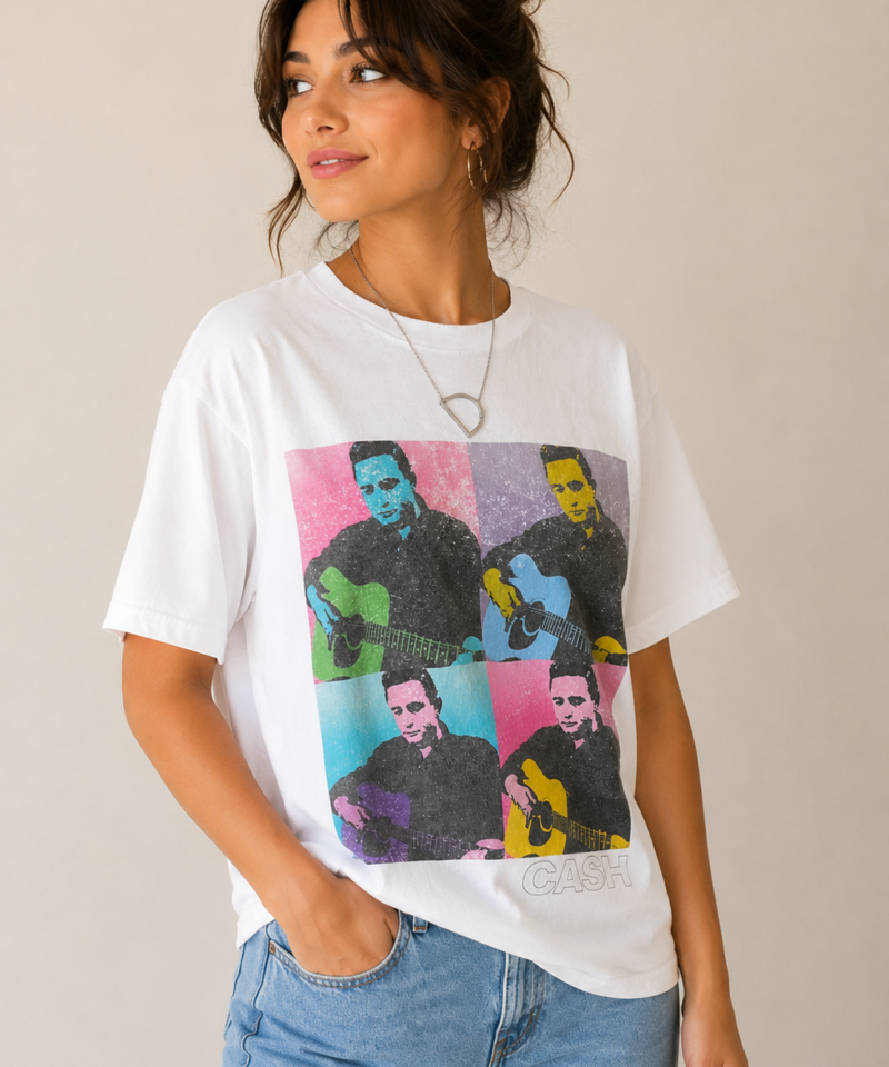CASH Graphic T-Shirt for Adults - white short sleeve tee with colorful music-inspired print, product detail view