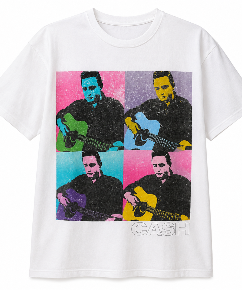 CASH Graphic T-Shirt for Adults, White Short Sleeve Music Print Tee - flat lay front view showing the colorful pop-art musician print with CASH lettering