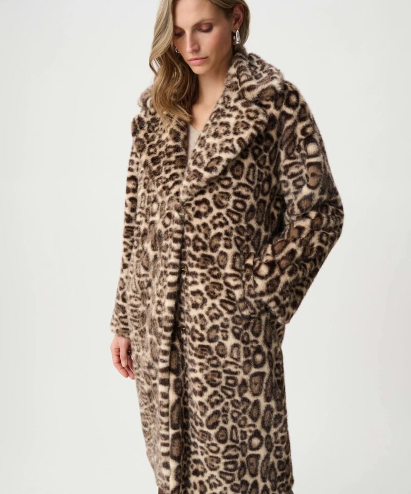Faux Fur Leopard Print Straight Coat- Beige/Multi
