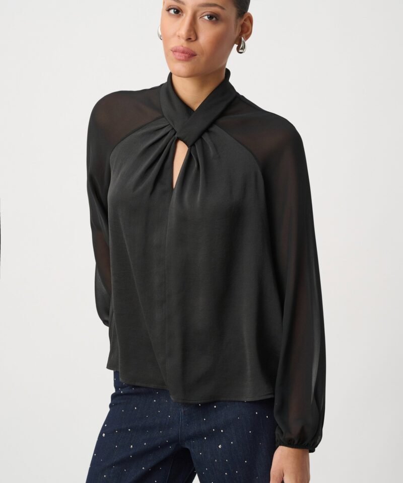 Satin Top With Chiffon Sleeves- Black