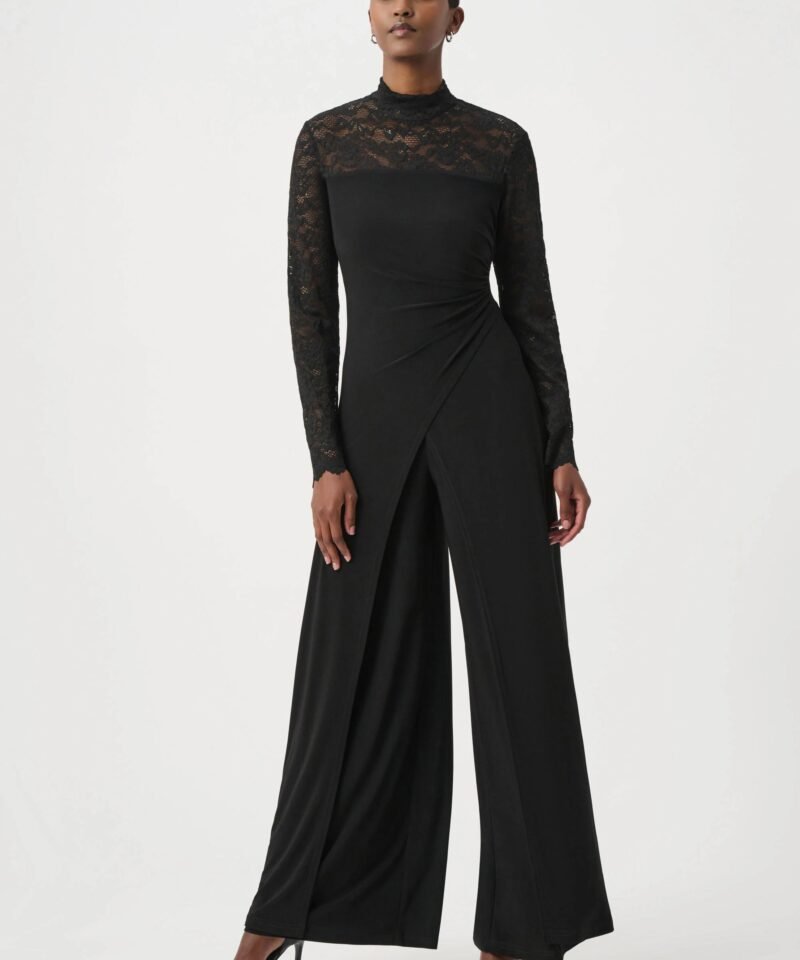 Sheer Lace Sleeve Wide-Leg Jumpsuit- Black