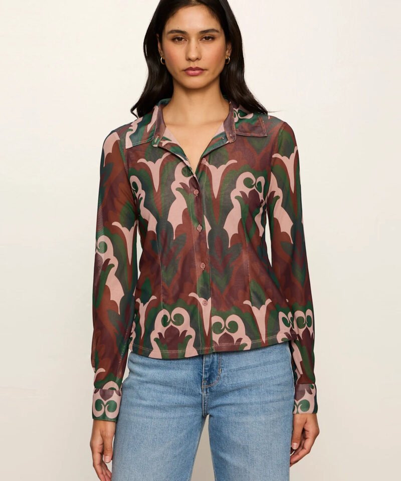Fitted Mesh Button Down- Night Deco