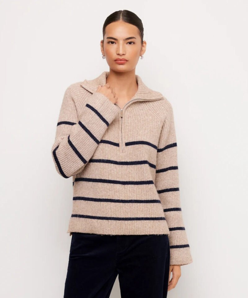 Stripe Half-Zip Sweater- Oatmeal/Navy