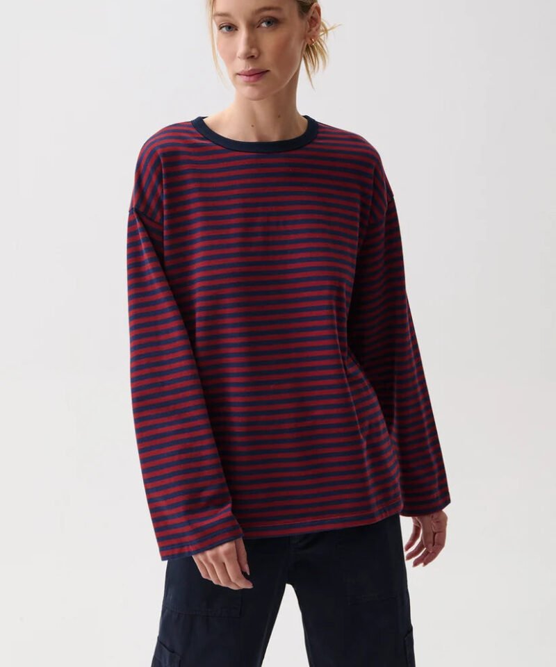 Reena Oversized Long Sleeve Tee- Velvet Navy Stripe