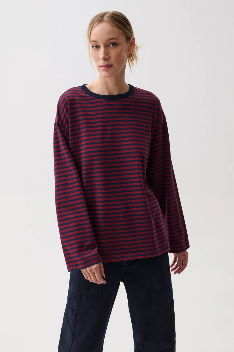 Reena Oversized Long Sleeve Tee- Velvet Navy Stripe