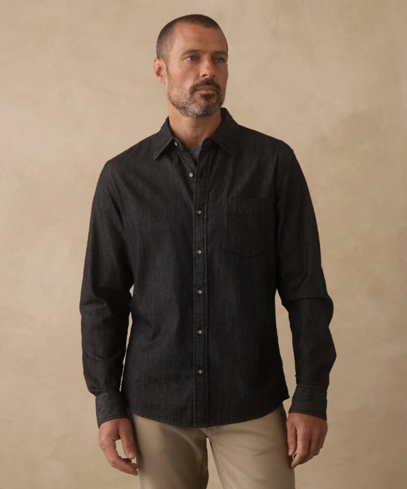 Cotton Denim Long Sleeve Button Up- Washed Black